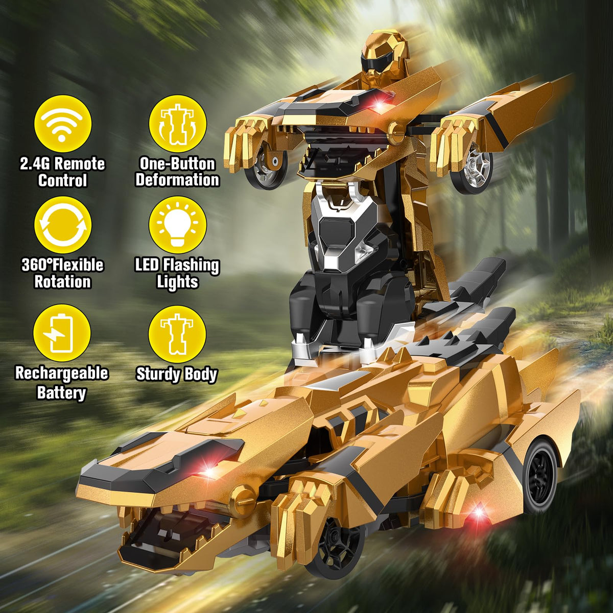 Kroyedfuw Dinosaur Transform RC Car 2-4GHz remote control enables smooth multi-car sessions.