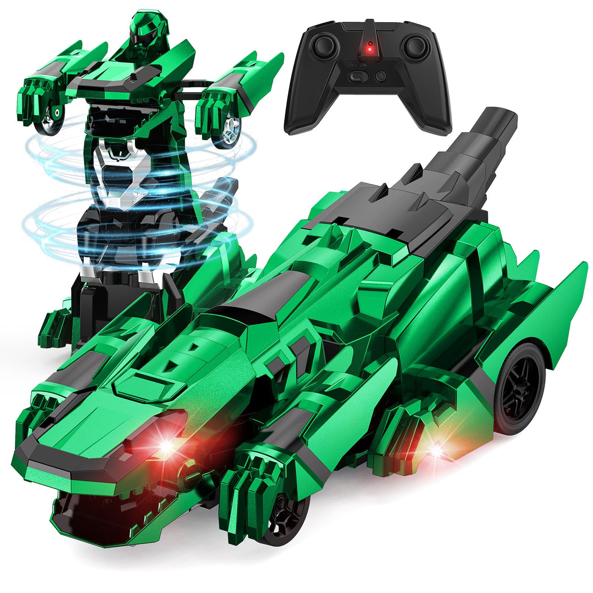 Kroyedfuw Dinosaur Transform RC Car front view with flashing lights for exciting play
