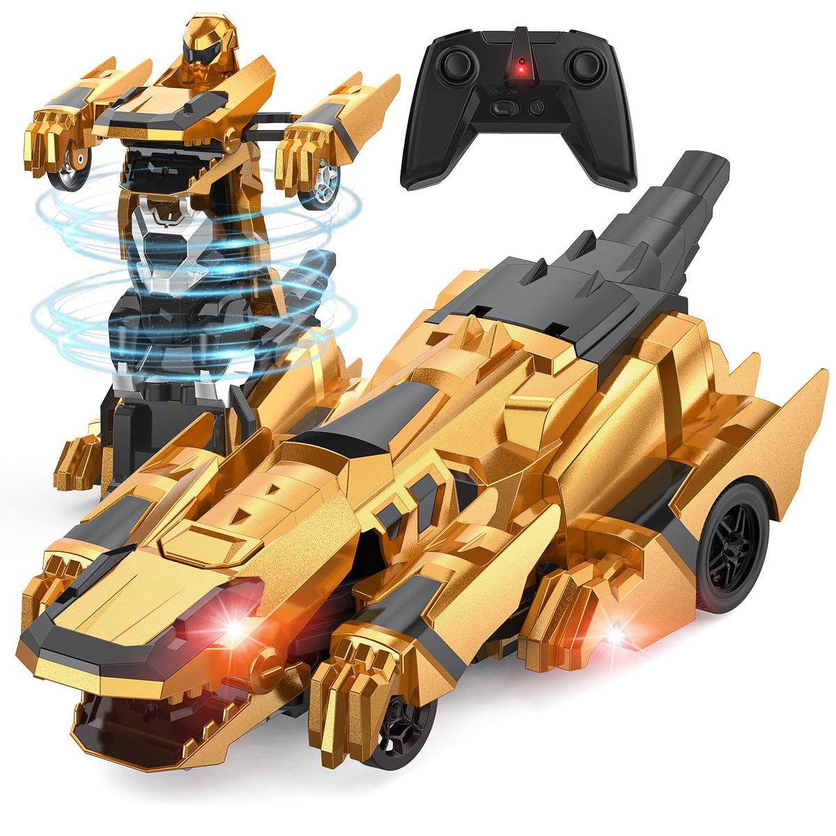 Kroyedfuw Dinosaur Transform RC Car front view with bold lights and sturdy design for active play.