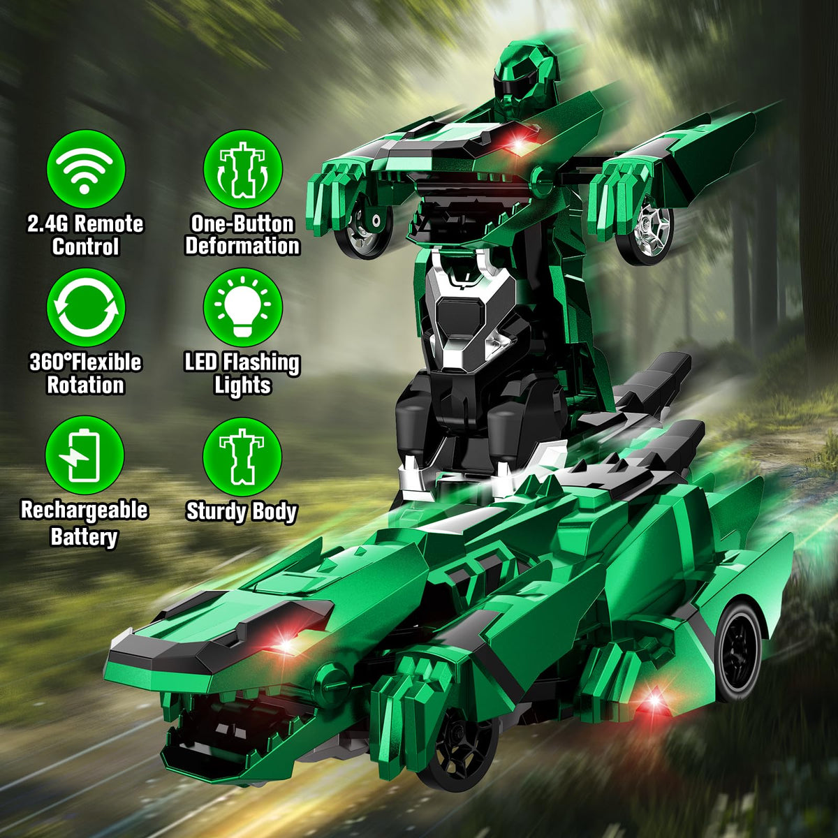 Kroyedfuw Dinosaur Transform RC Car lights flashing during stunts