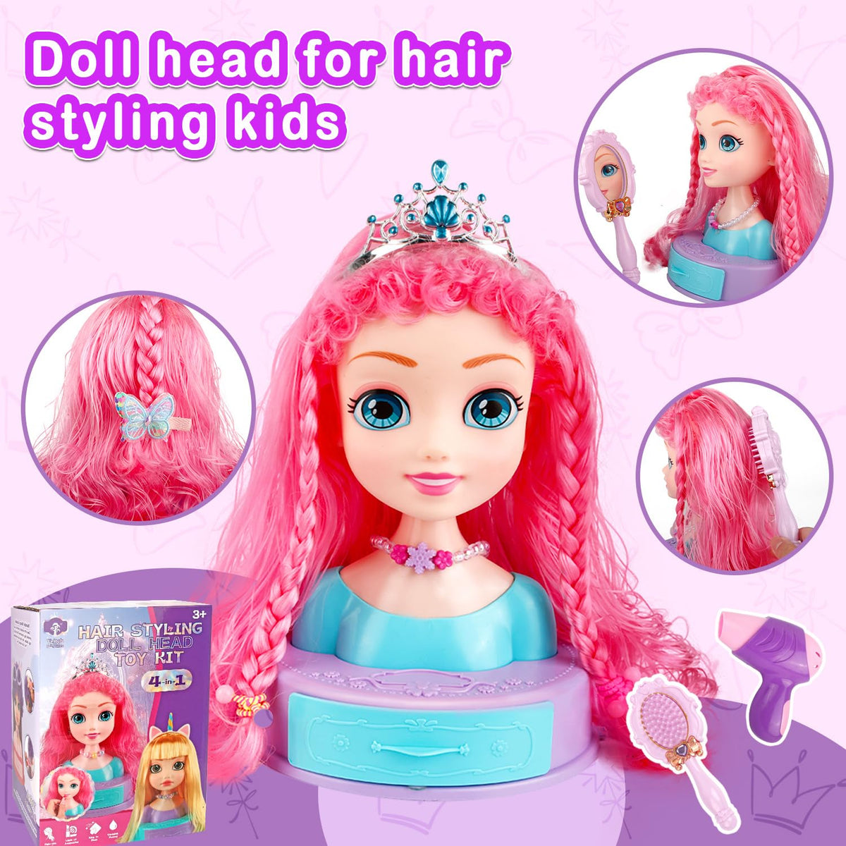 Kryonixty doll head brush and comb for detangling and styling.