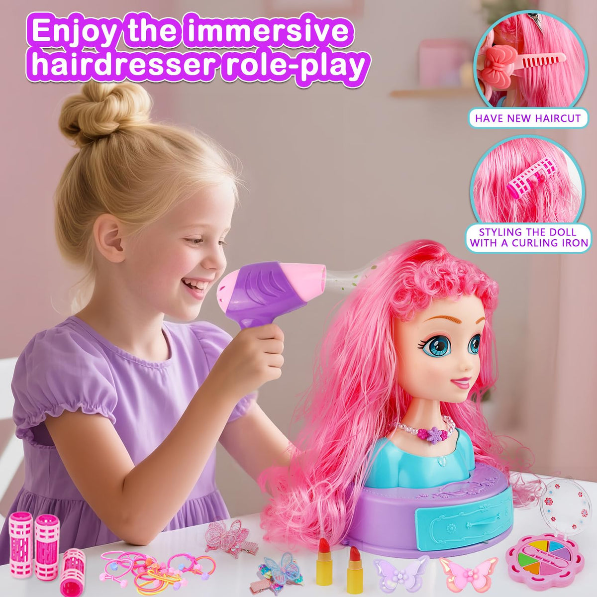 Kryonixty doll head with realistic hairdryer for pretend salon scenes.