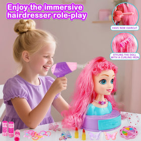 Kryonixty doll head with realistic hairdryer for pretend salon scenes.