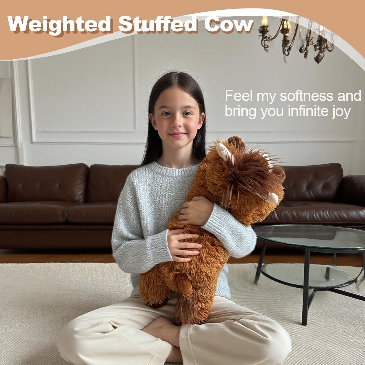 Ksidzas Highland Cow weighted plush with balanced weight for calming hugs.