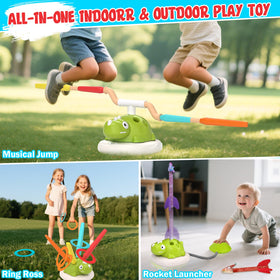 Kslavagcnt ring toss setup with the dinosaur rocket launcher boosts eye-hand coordination during group play