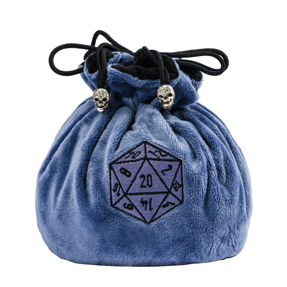 KSNDie blue DND dice bag with a large round base for organized storage.