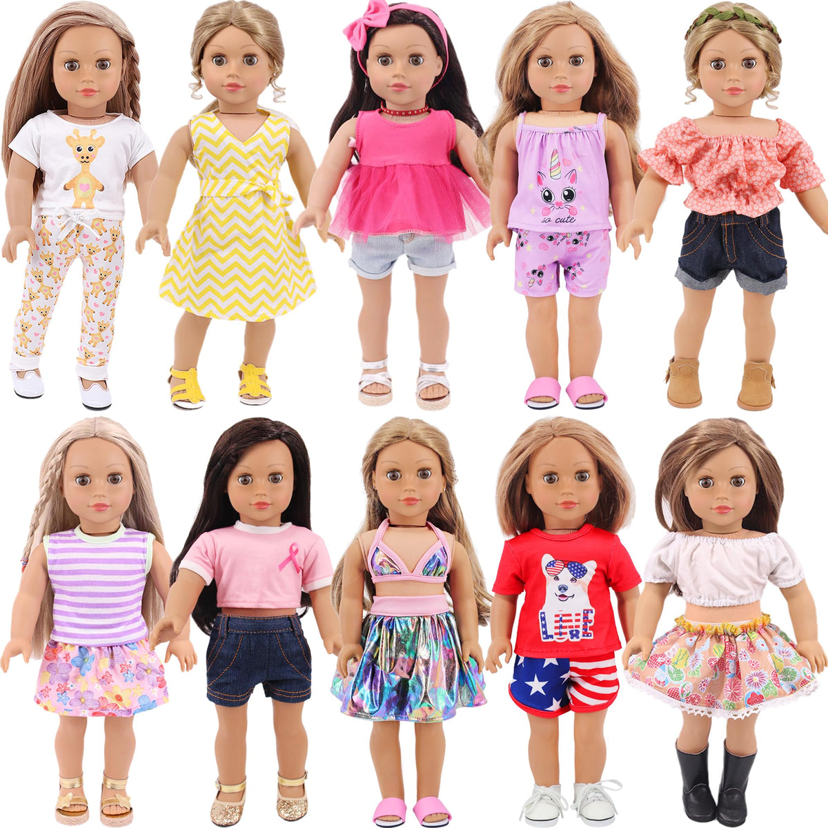 K.T. Fancy 10 sets tops and pants for 18-inch dolls, easy dressing for creative play.