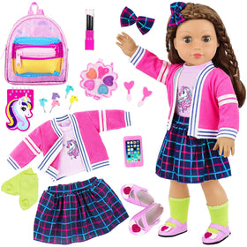 K.T. Fancy American 18in doll school set packaging shows full 14-piece collection.