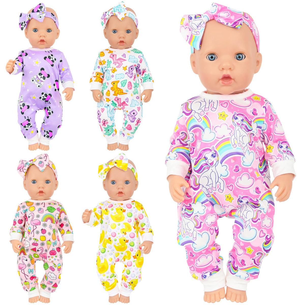 K.T. Fancy panda jumpsuit with headband for 14-18 inch dolls, soft cotton