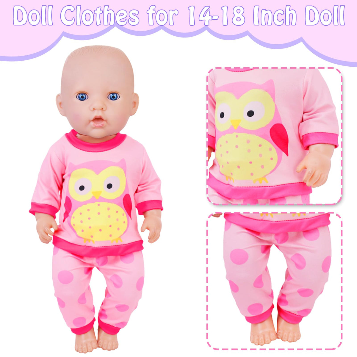 KT Fancy pink big-eyed owl outfit for 14-18 inch dolls, adds whimsy to playtime.