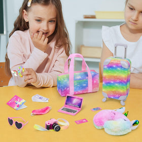 K.T. Fancy pink glasses for 18-inch dolls completes a stylish travel look.