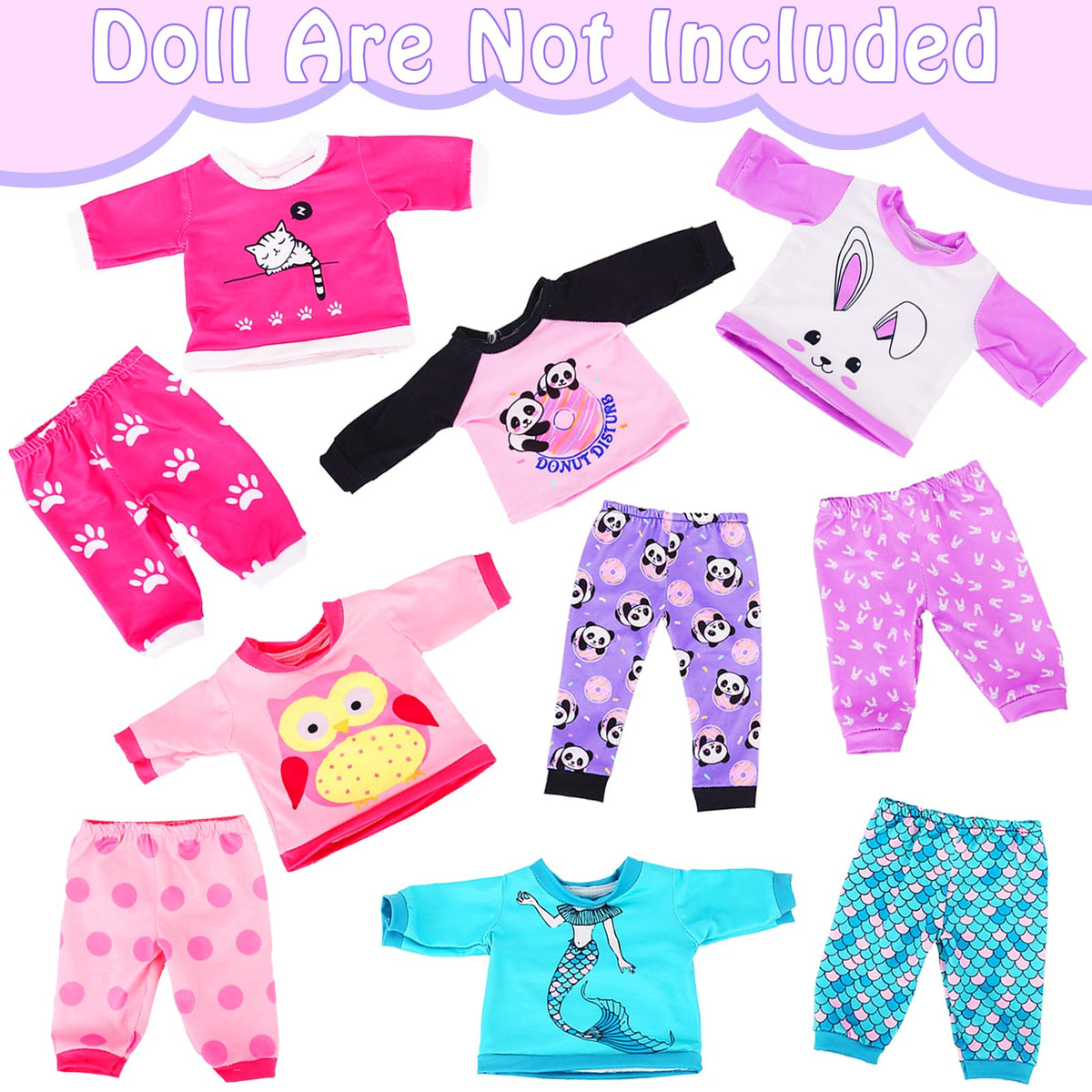 KT Fancy pink sleeping kitten pajama set for 14-18 inch dolls, easy to dress.