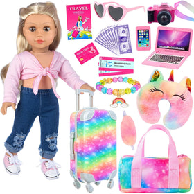 K.T. Fancy rainbow suitcase for 18-inch dolls, keeps travel accessories organized.