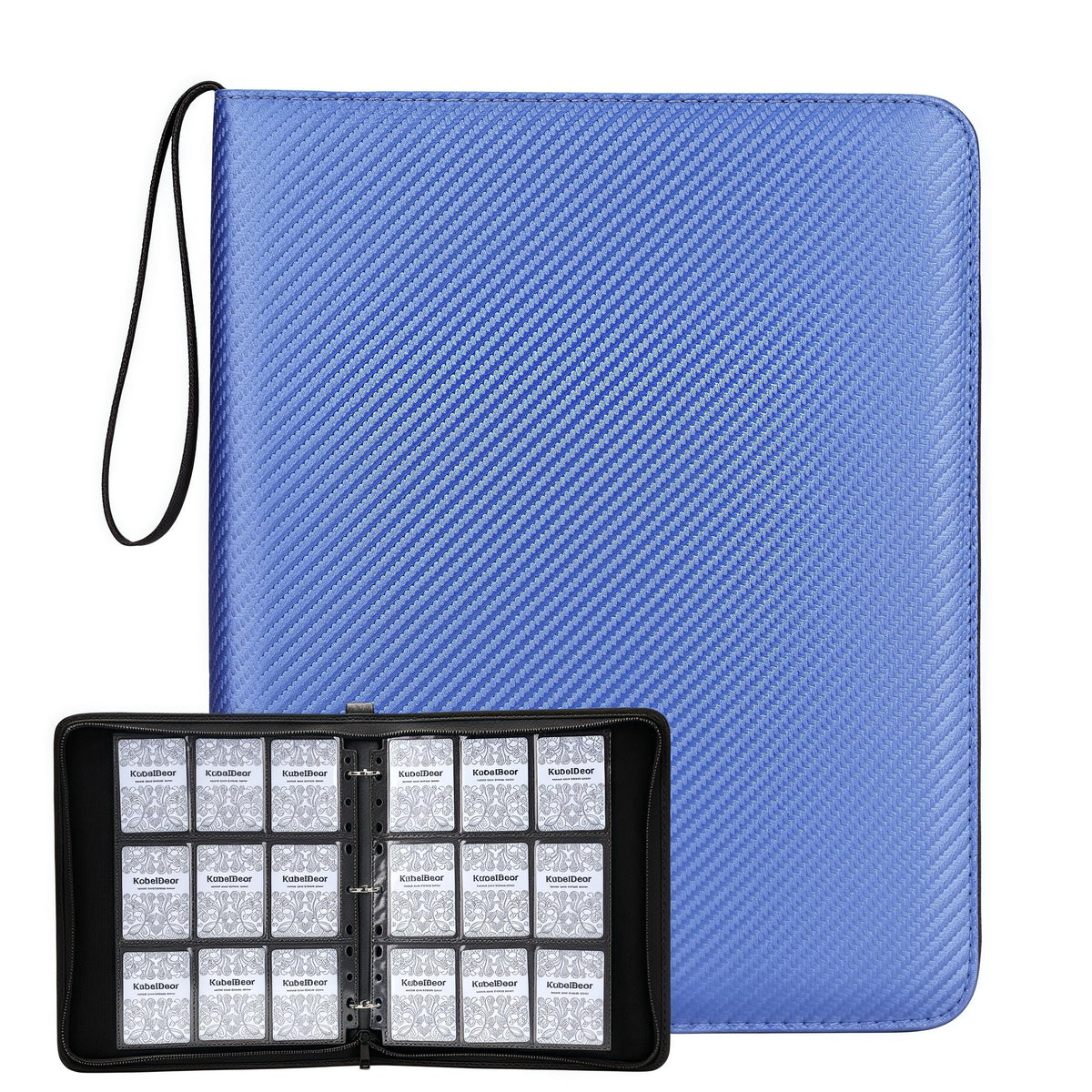 KuBeiBear blue card binder front view showing 720-capacity storage