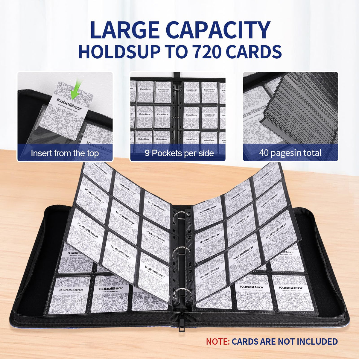 Durable nine-pocket sleeves inside the KuBeiBear binder for card organization.