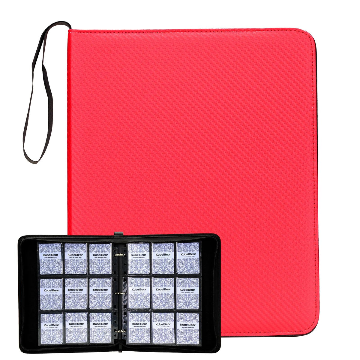 KuBeiBear card binder front view in red showing 720-card capacity.
