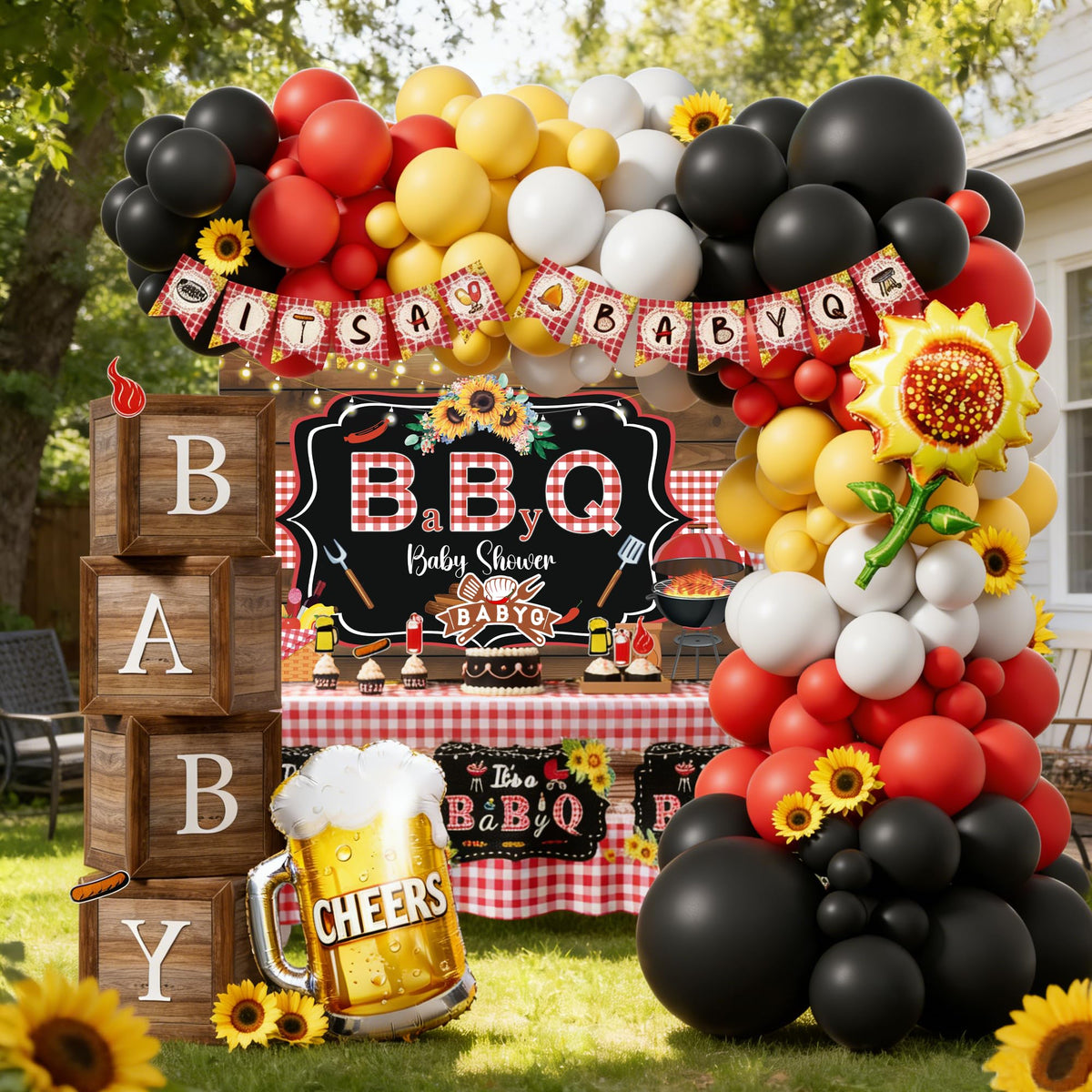 Kudapity BabyQ sunflower foil balloons brighten the party space.