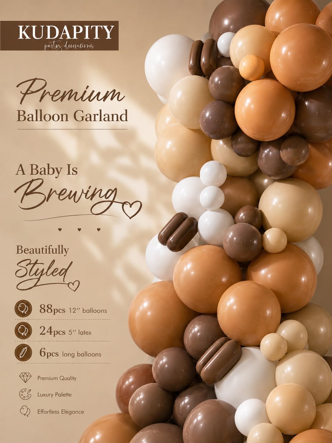 Kudapity balloon arch to warm latte-toned party setting