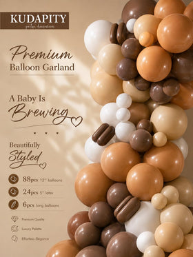 Kudapity balloon arch to warm latte-toned party setting