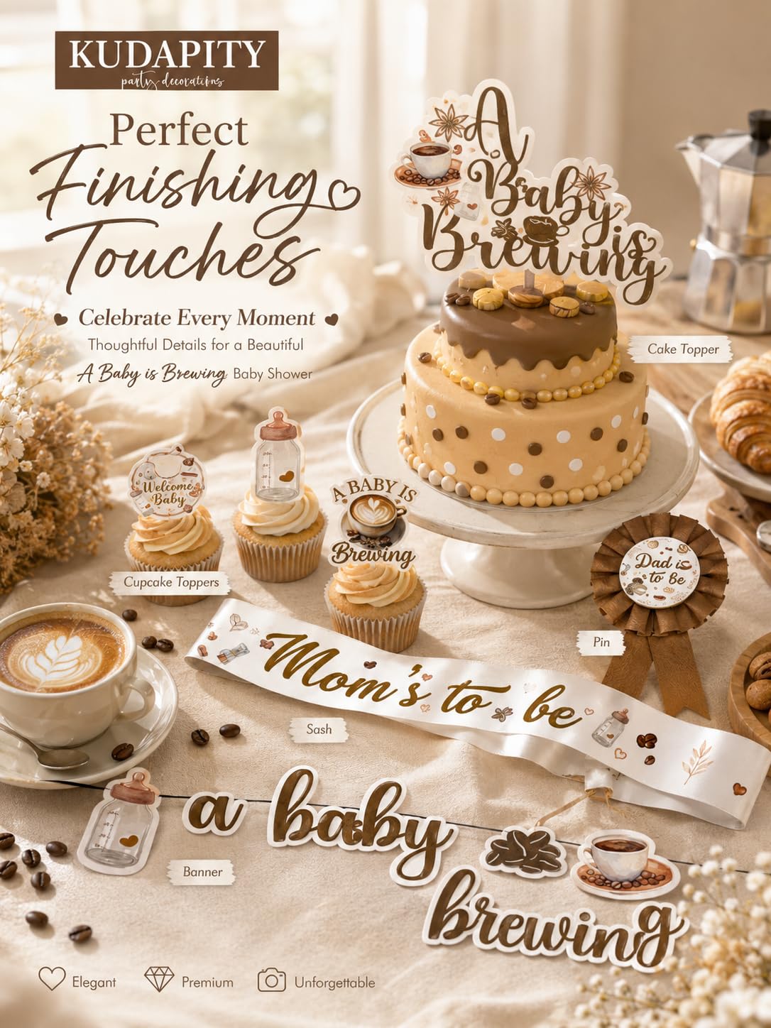 Kudapity coffee baby shower tablecloth anchors the color palette