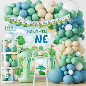 Kudapity Hole in One 12-inch balloons brighten the golf-themed backdrop for memorable photos.