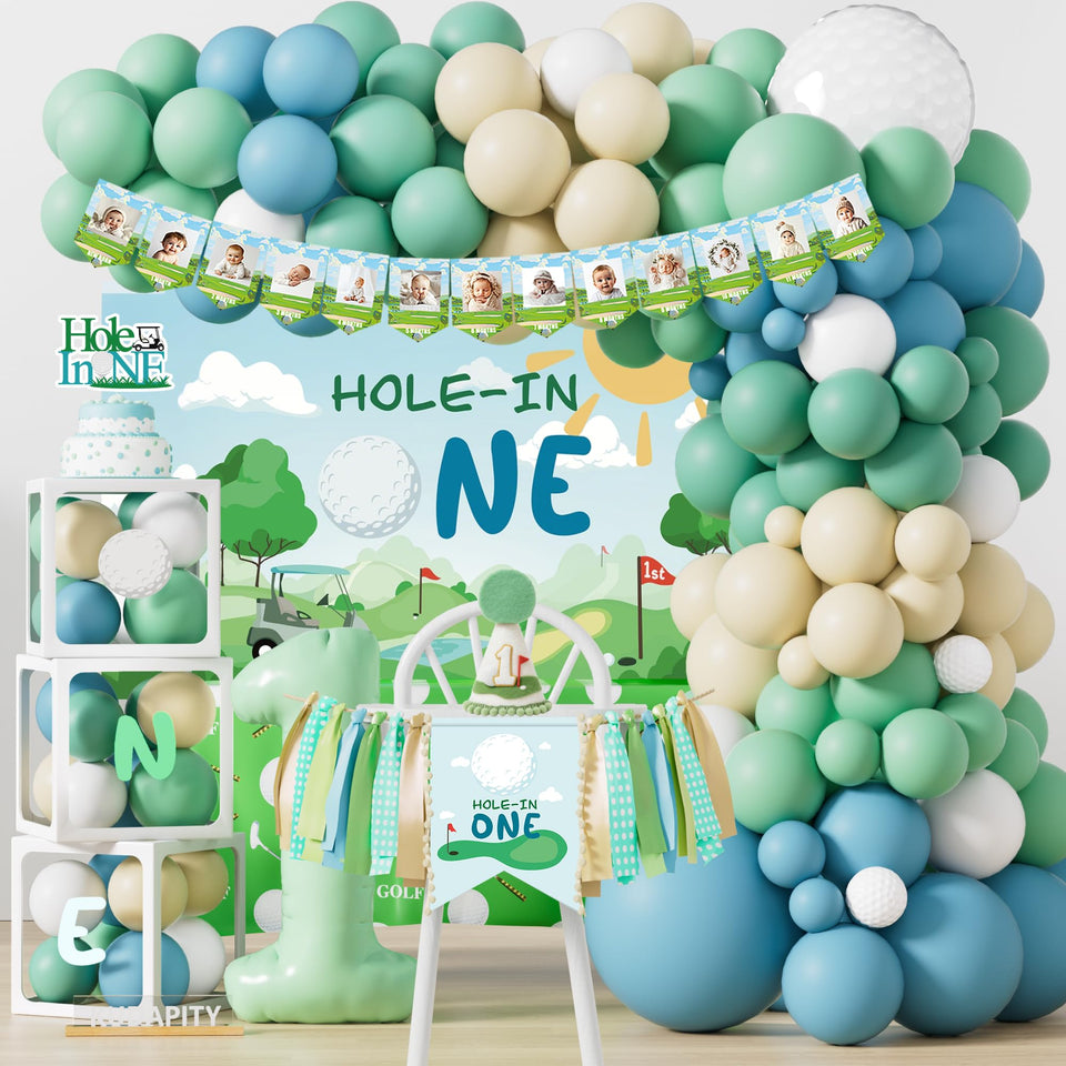 Kudapity Hole in One 12-inch balloons brighten the golf-themed backdrop for memorable photos.