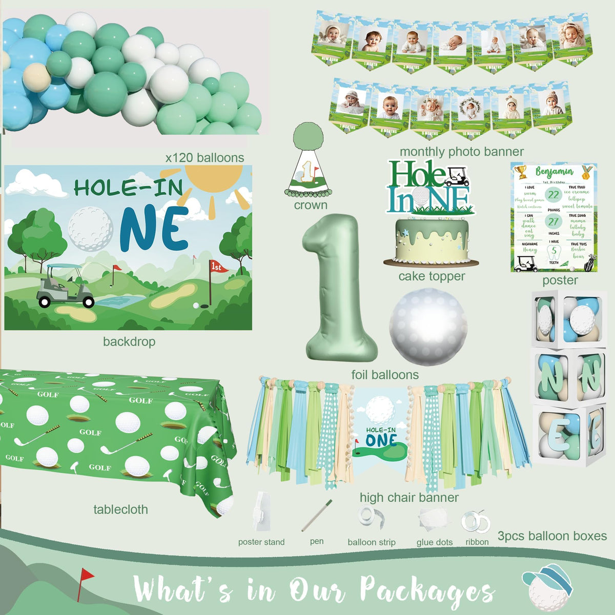 Kudapity hole-in-one 5-inch balloons add colorful accents to the party.