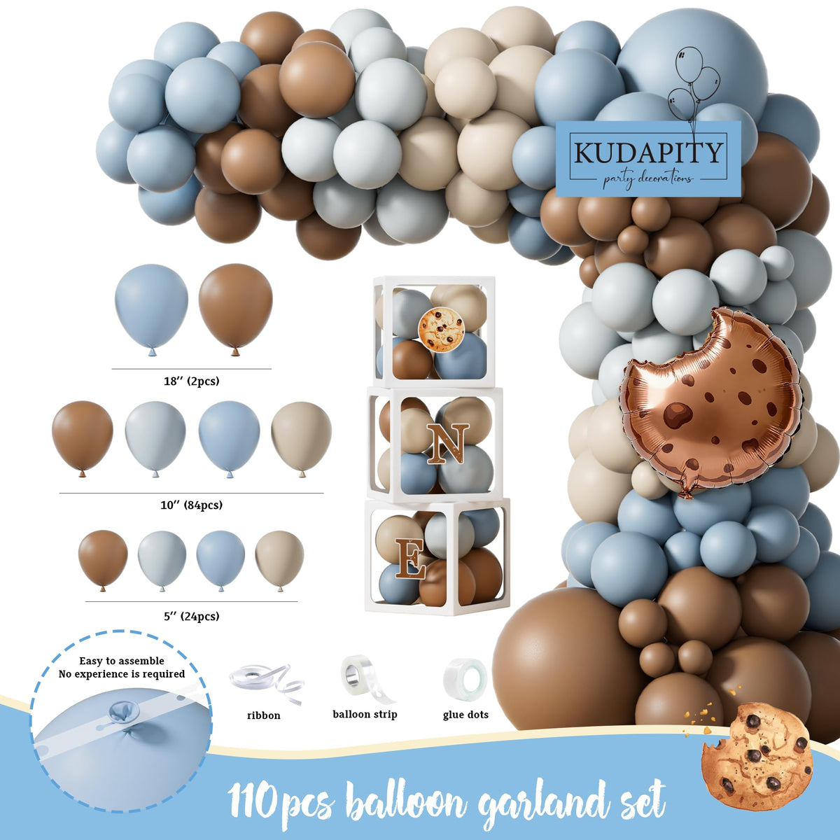 Kudapity One Sweet Boy 10in blue balloon accents garland and backdrop setup