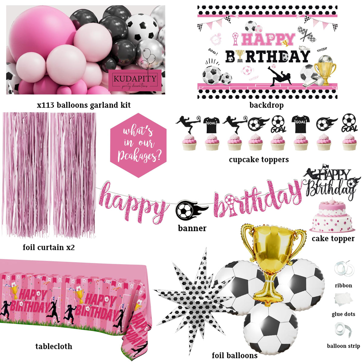 Kudapity soccer themed banner enhances pink party decor