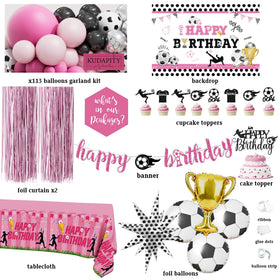 Kudapity soccer themed banner enhances pink party decor