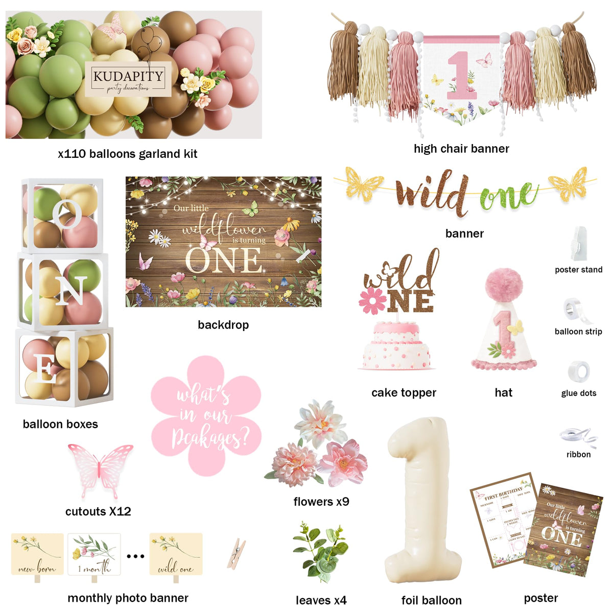 Kudapity Wildflower retro cocoa balloons add warm contrast for a boho birthday celebration.