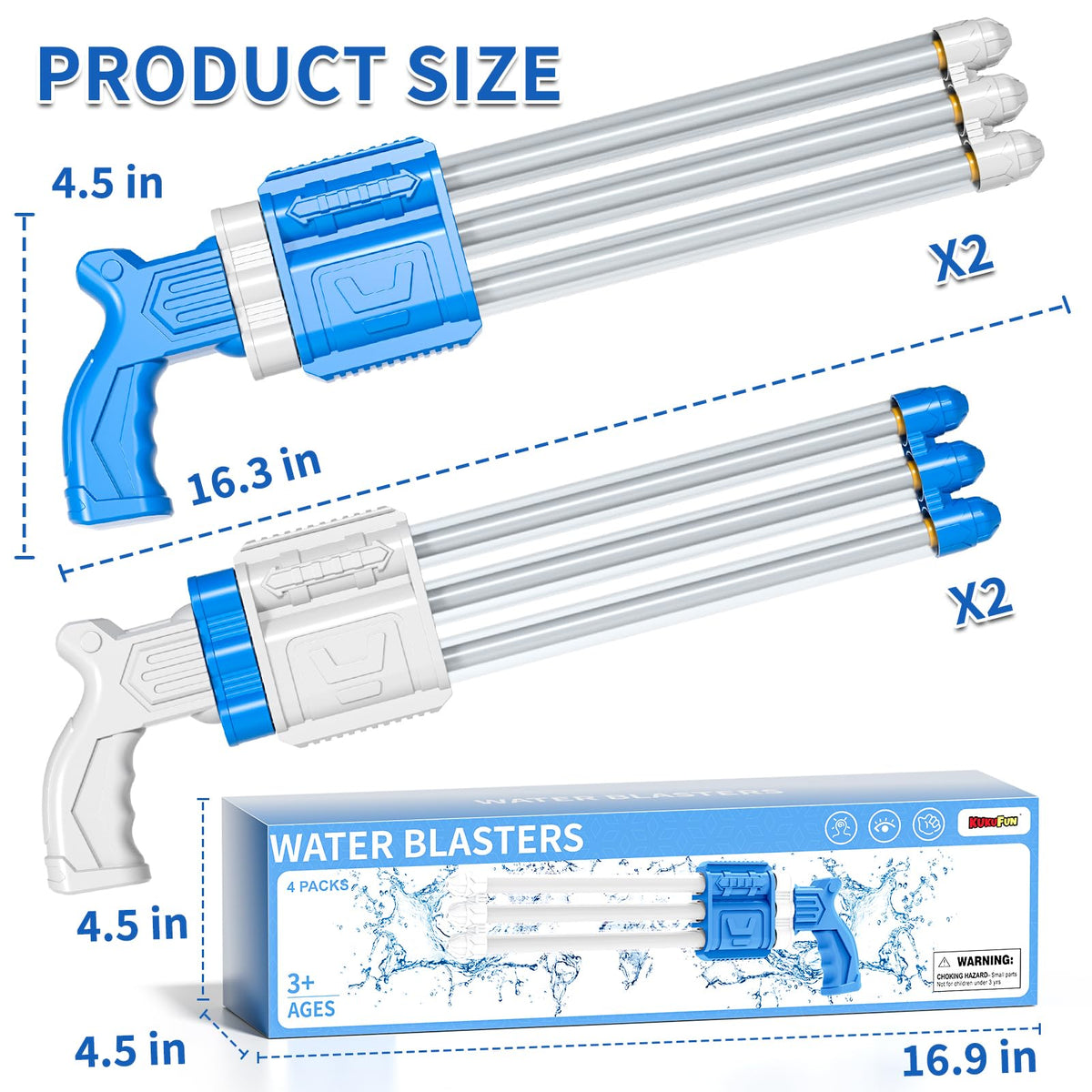 KukuFun 3-nozzle water gun with versatile spray patterns.