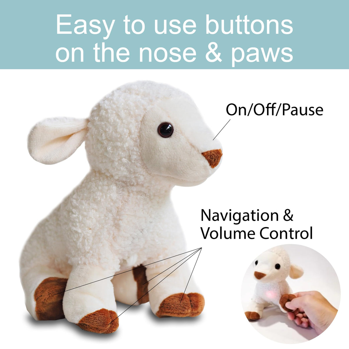 Kulumi My Little Lamb nose button activates easy on/off control.