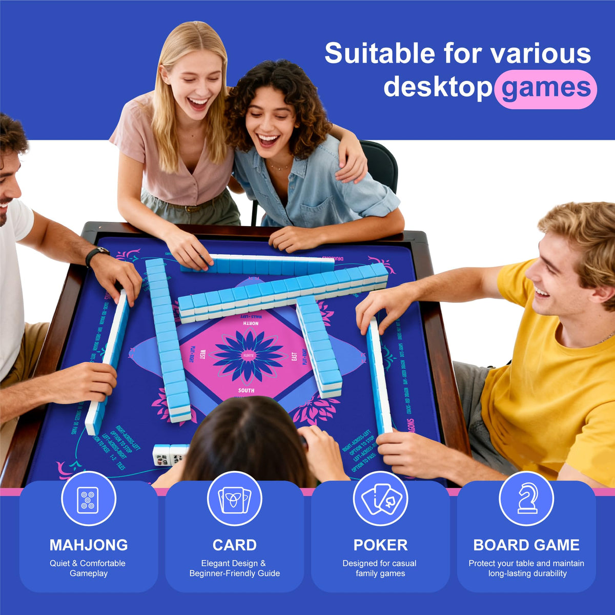KUNTE Mahjong Mat with printed rules visible for quick learning.