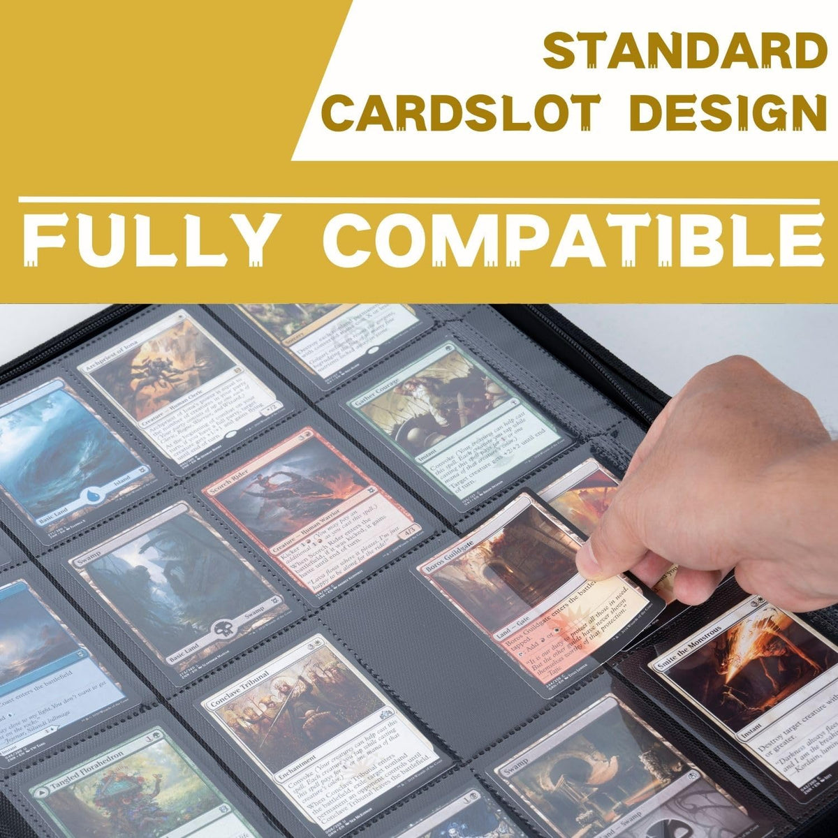 KUOOKING 1000+ pockets binder shows compatibility with MTG and sports cards.