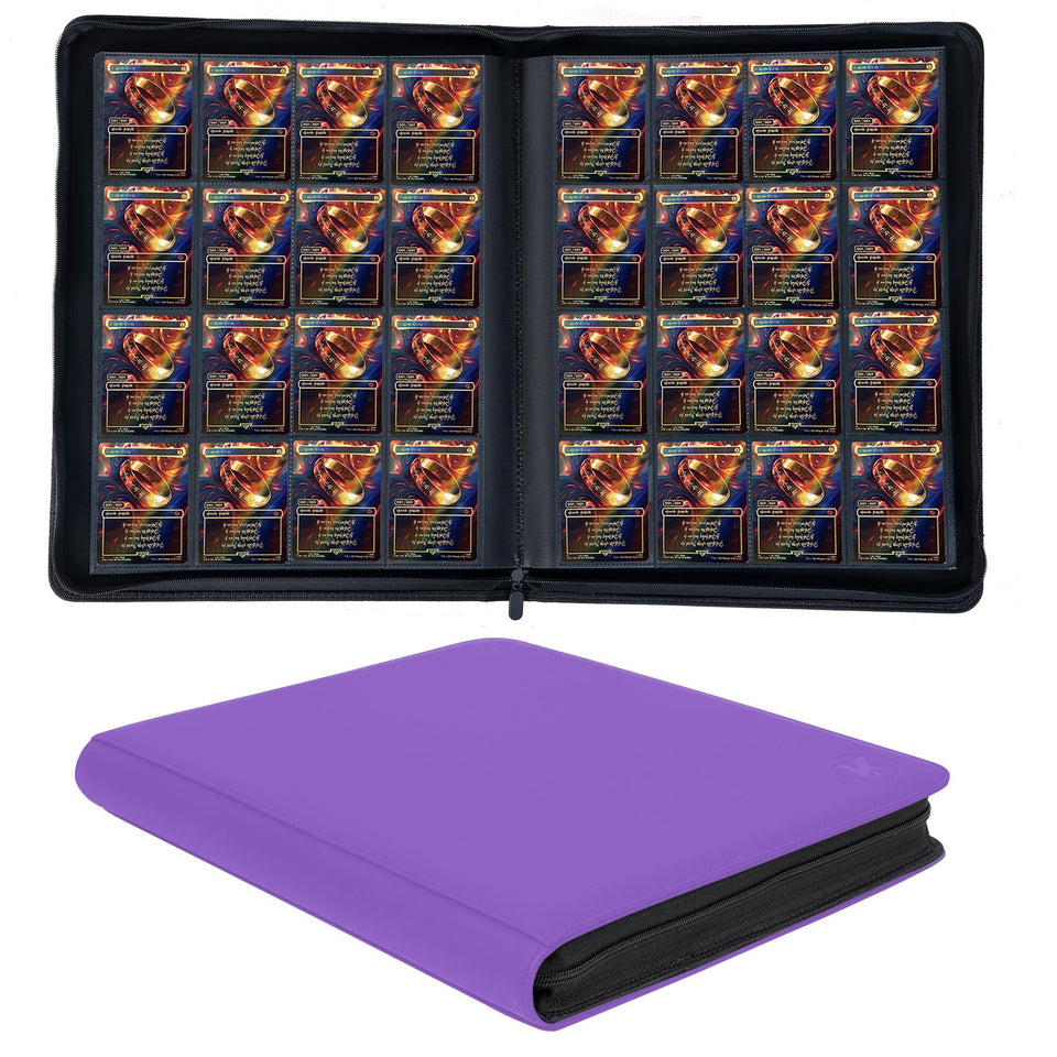 KUOOKING 1000+ Card Binder open, purple cover, organized pockets for quick browsing