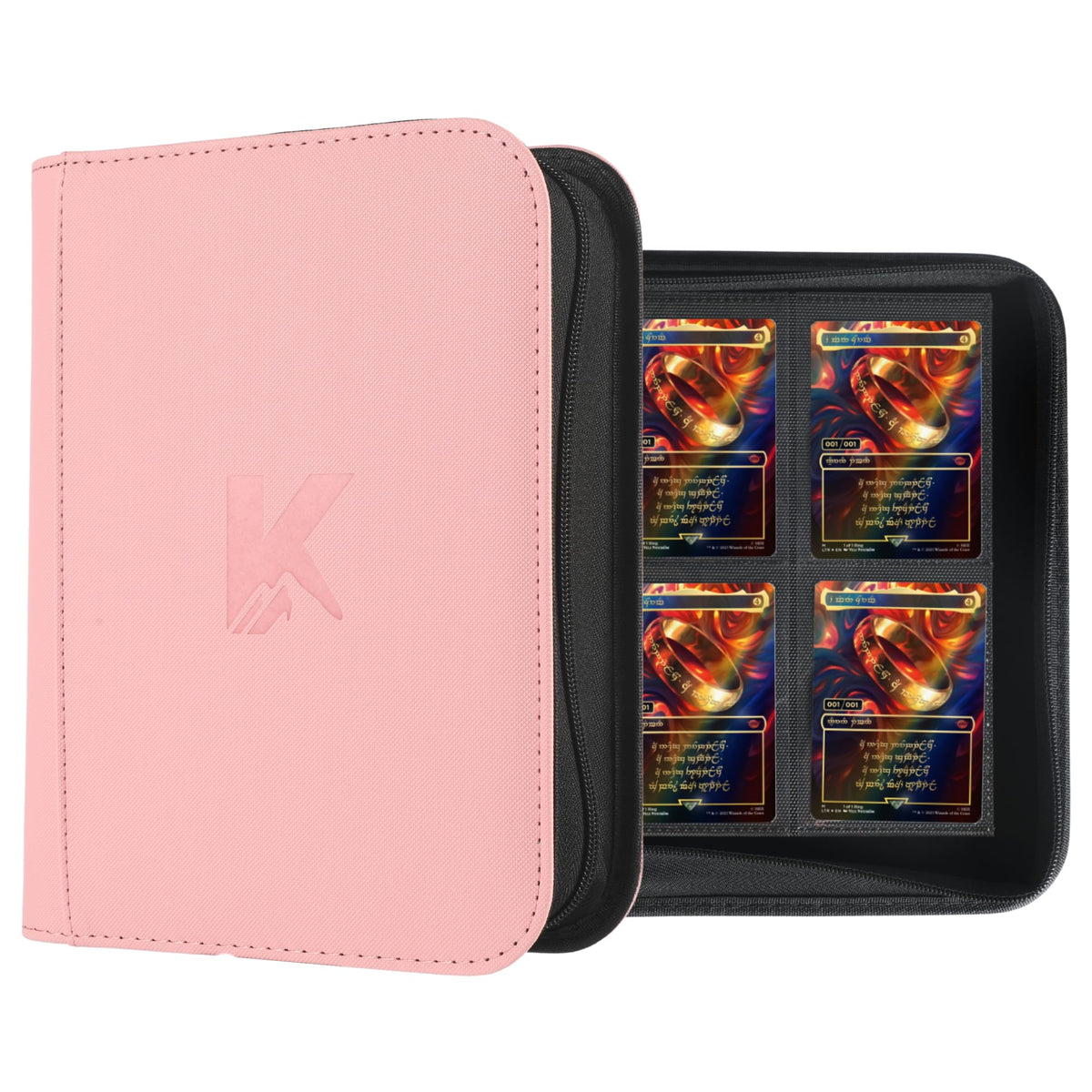 KUOOKING 336 card binder open cover showing pink exterior for quick card access during games.