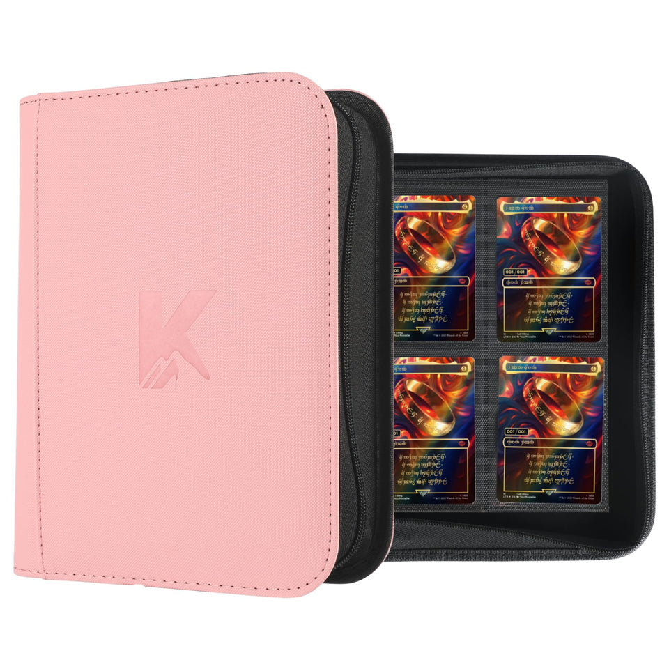 KUOOKING 336 card binder open cover showing pink exterior for quick card access during games.