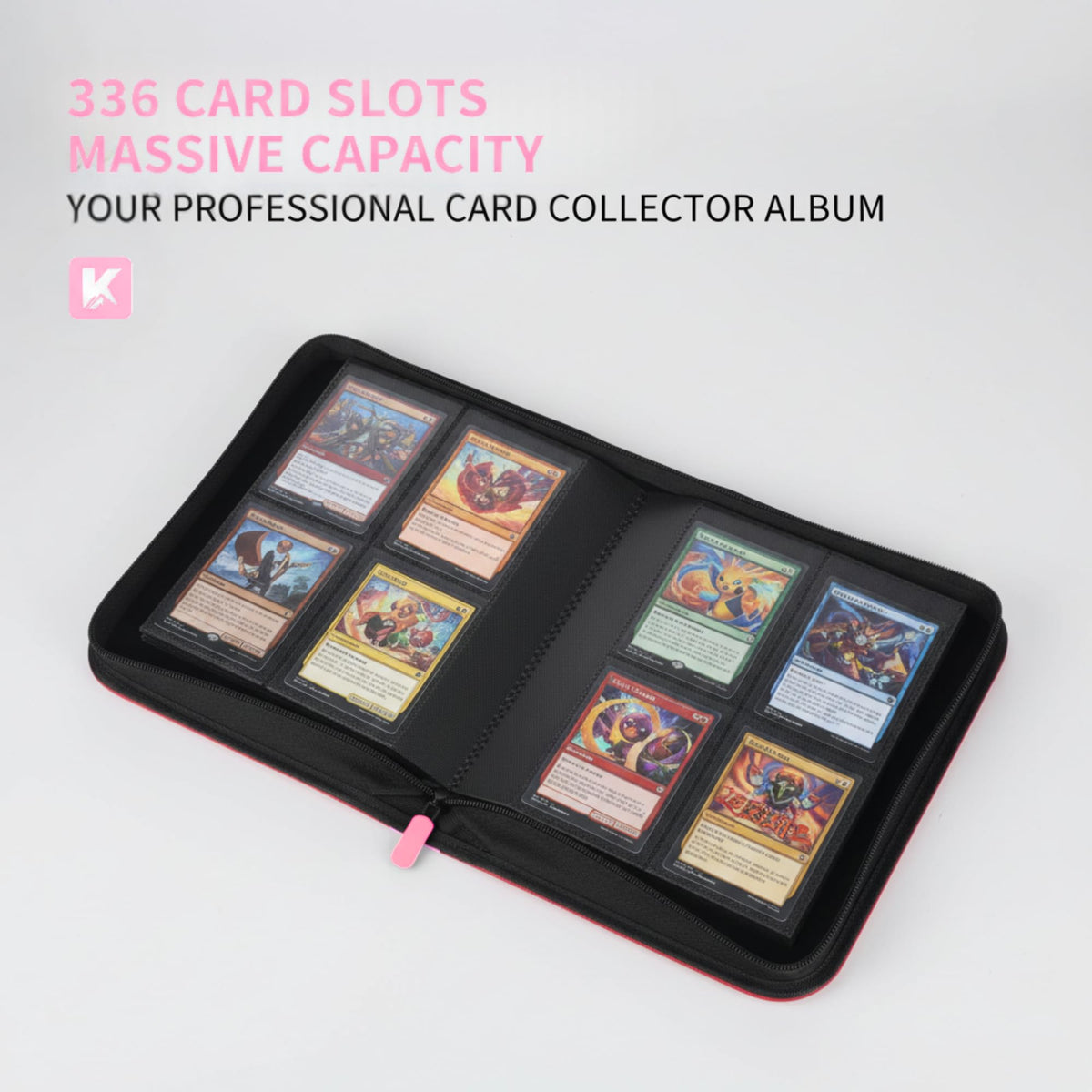 KUOOKING 336 card binder side-loading pockets secure cards during play.