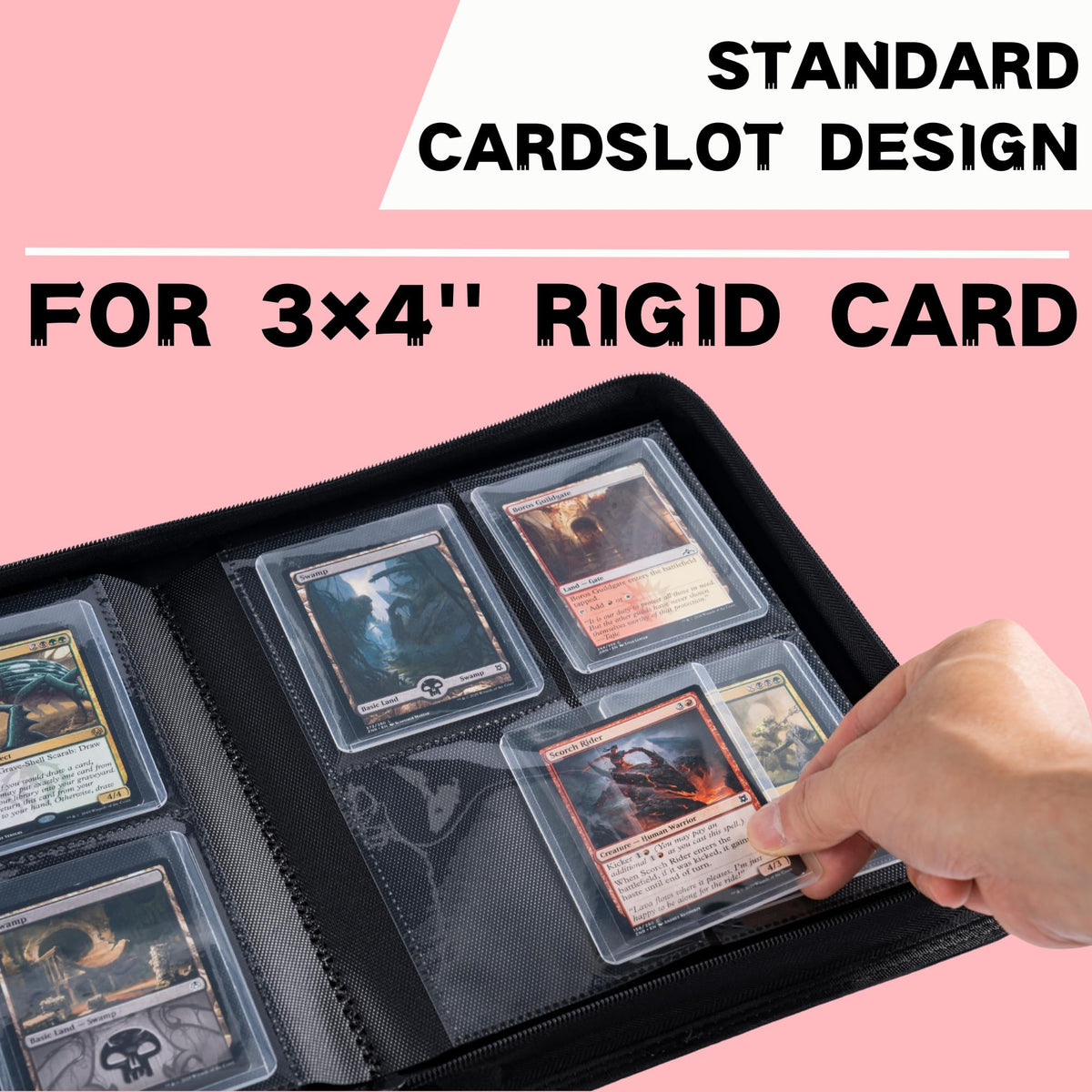 Scratch-resistant padding protects cards while you flip through pages.