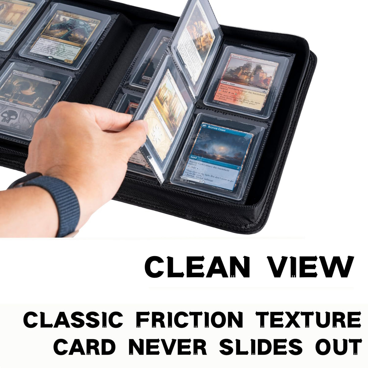 KUOOKING Top Loader Binder interior layout with 4 pockets, fits 128+ cards.