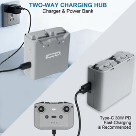 Two-way charging hub with USB-A output for portable power.