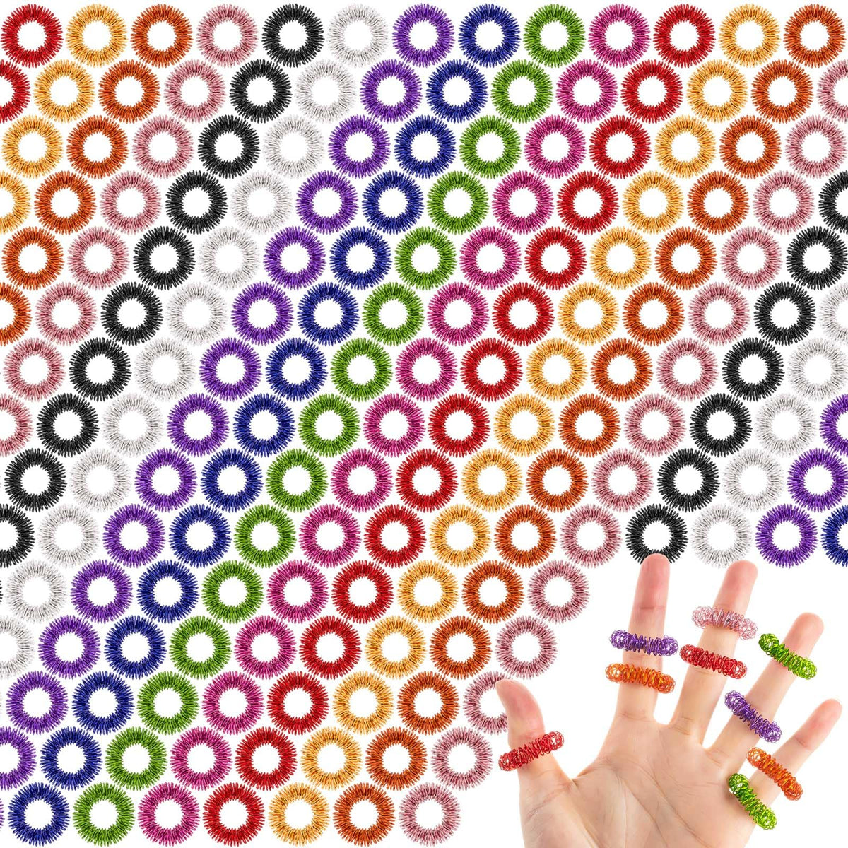 KVCSYAW 200-pcs spiky sensory rings in vibrant colors for discreet stress relief.