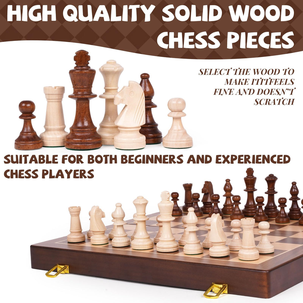 Kvintes solid wood chess pieces hand-carved with balanced weight for precise moves