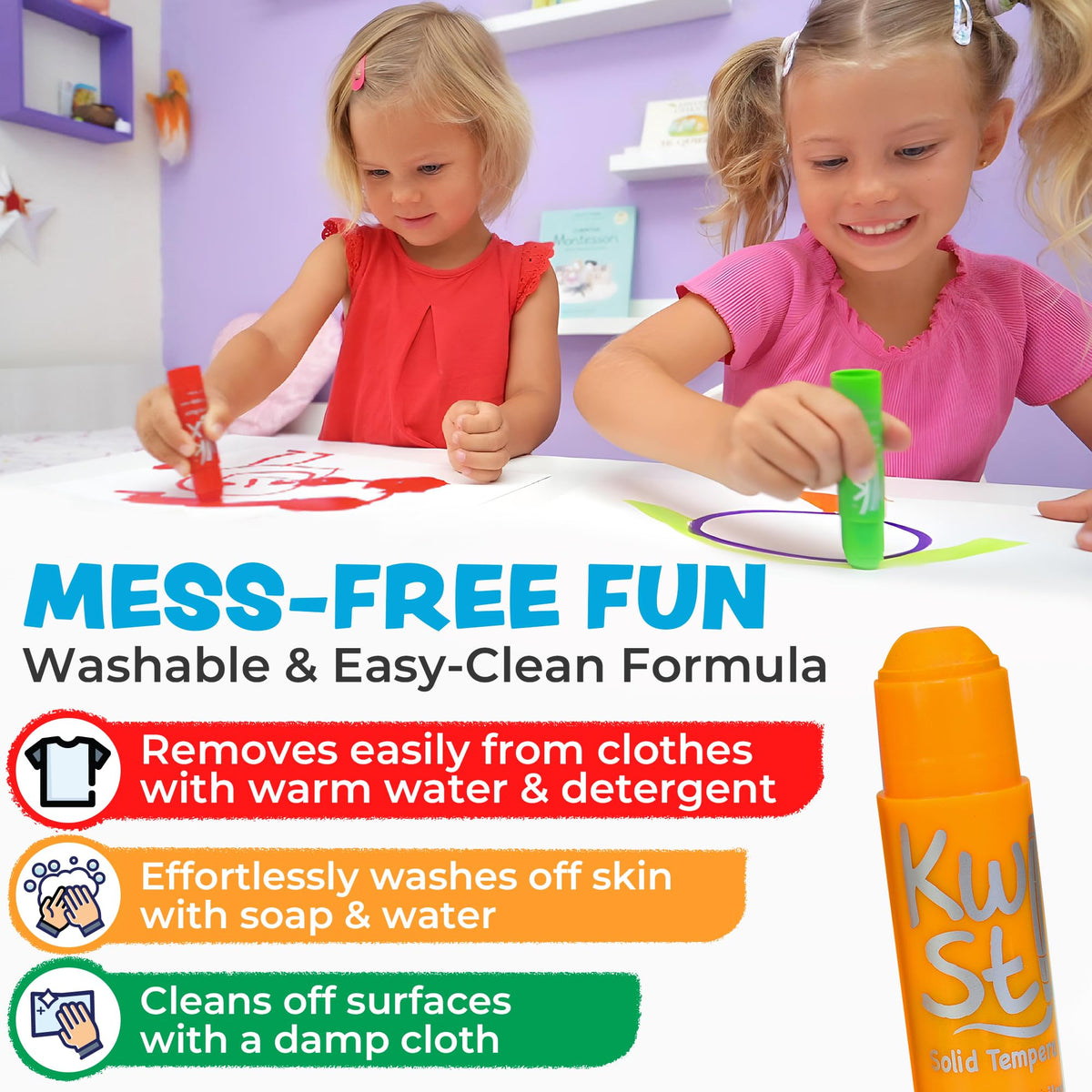 Kwik Stix twist-up mechanism makes painting easy for kids
