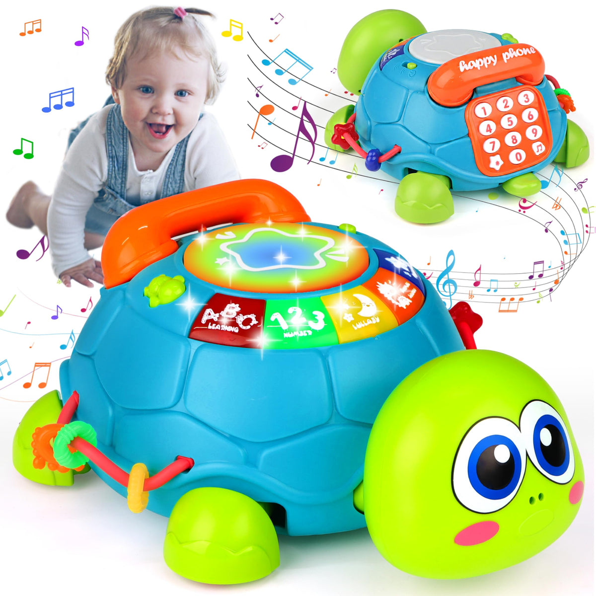 KWYZ musical turtle crawling toy with lights engages baby's senses during movement