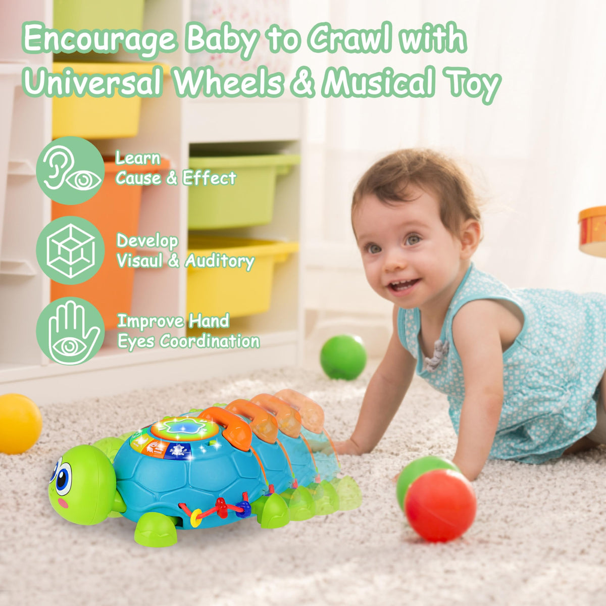 KWYZ tummy-time turtle with buttons encourages reaching and crawling while exploring sounds