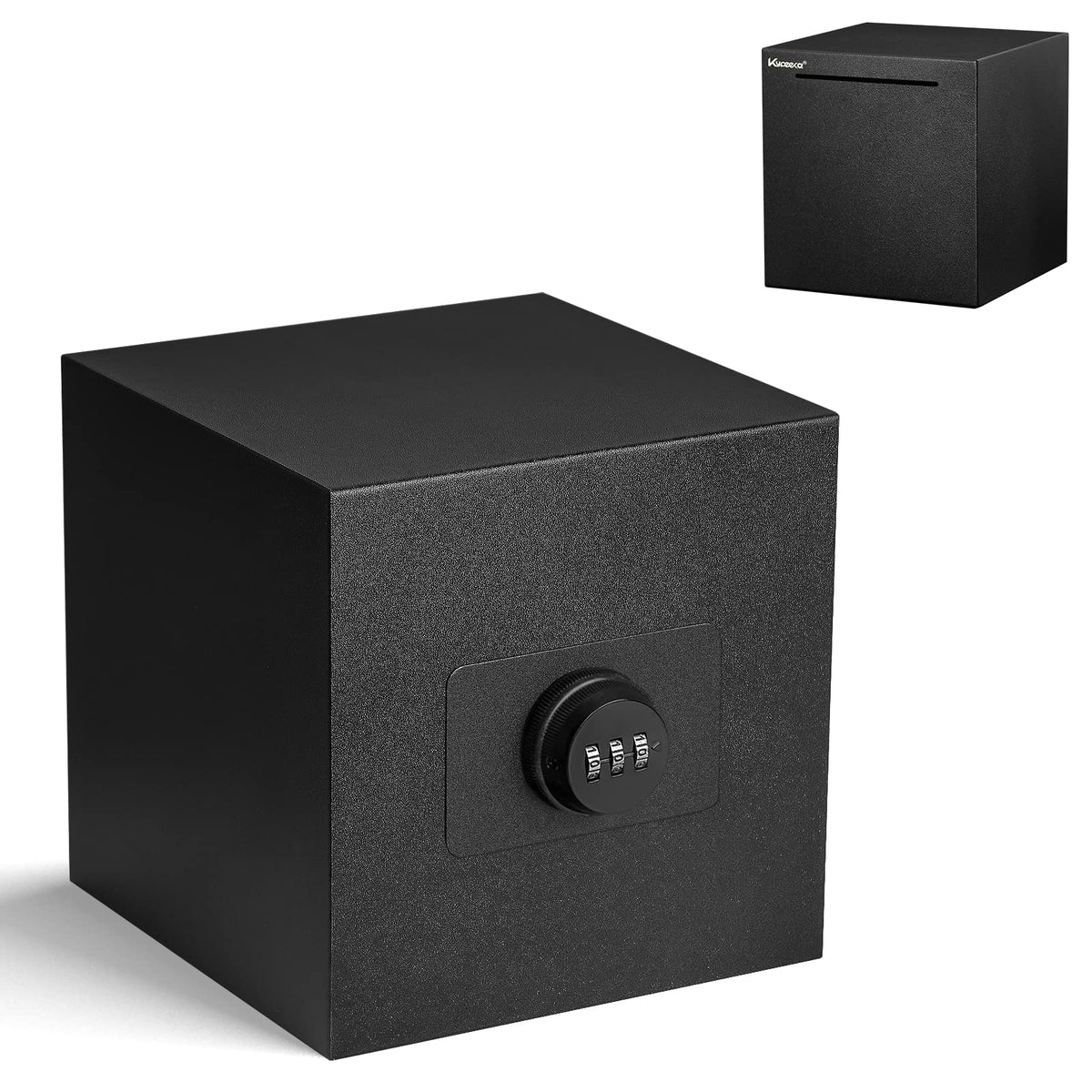 Kypeeka piggy bank front view with secure savings in a black stainless steel body