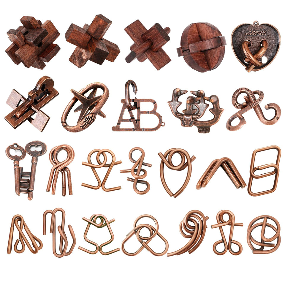 Kysthyra 24-piece metal brain teasers for challenging, focused play at home.