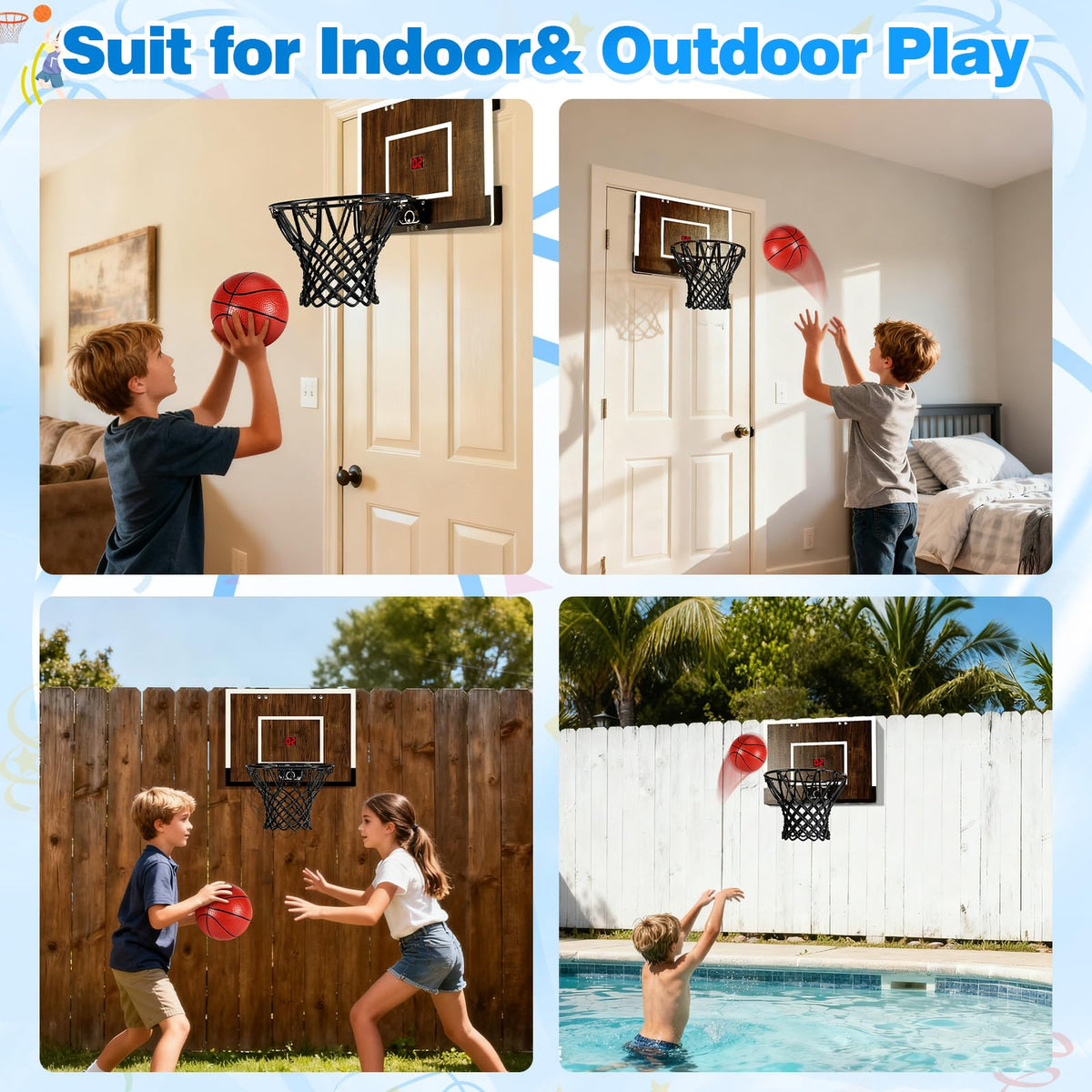 Laapee mini hoop includes three balls for immediate games.